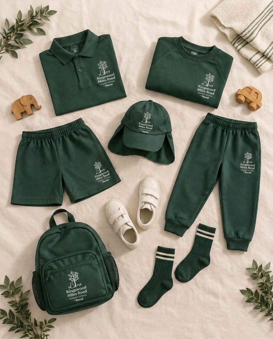 Bottle green Kingswood nursery uniform collection with polo, sweatshirt, shorts, jogging bottoms, cap, backpack and book bag